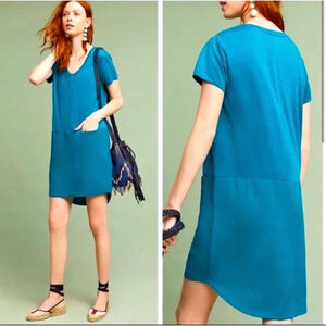 Dolan Left Coast Anthropologie Medium Teal Cupro V-Neck Shift Dress Pockets boho